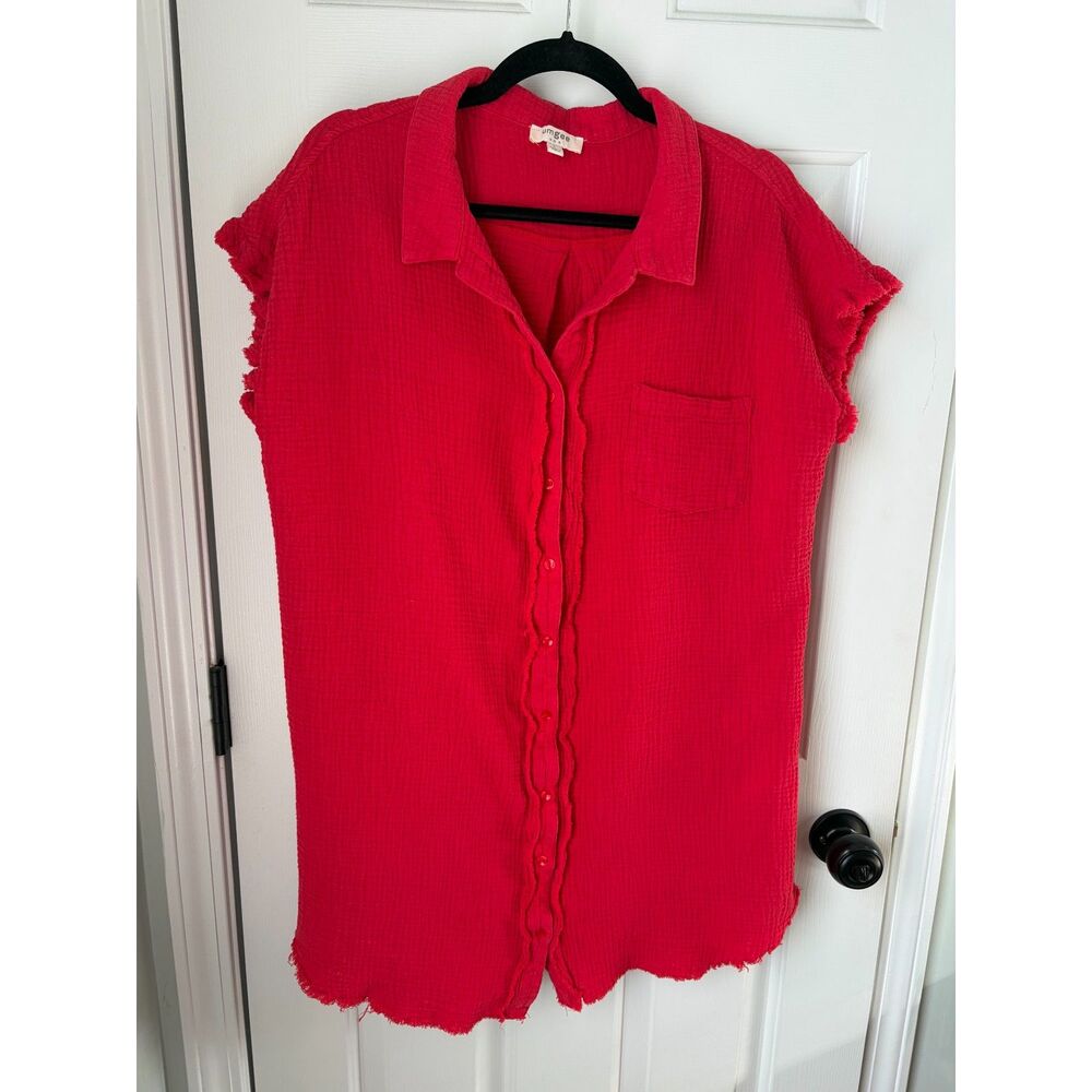 Umgee Cotton Gauze Mineral Wash Button Down Shirt Red Size Large